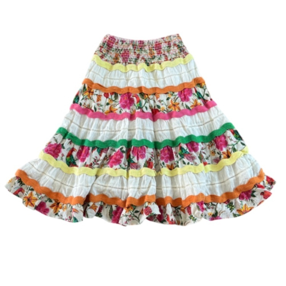 Farm Rio Toucans Garden Multi Tiered Elasticized Waist Skirt Ricrac - Small - Picture 1 of 13